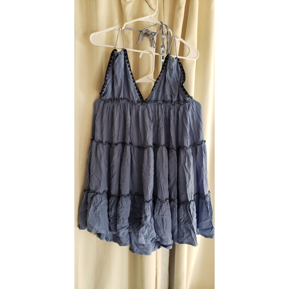Exist Women's XL Blue Tiered Tunic Dress Boho Flowy Sleeveless Tie Back Rayon
